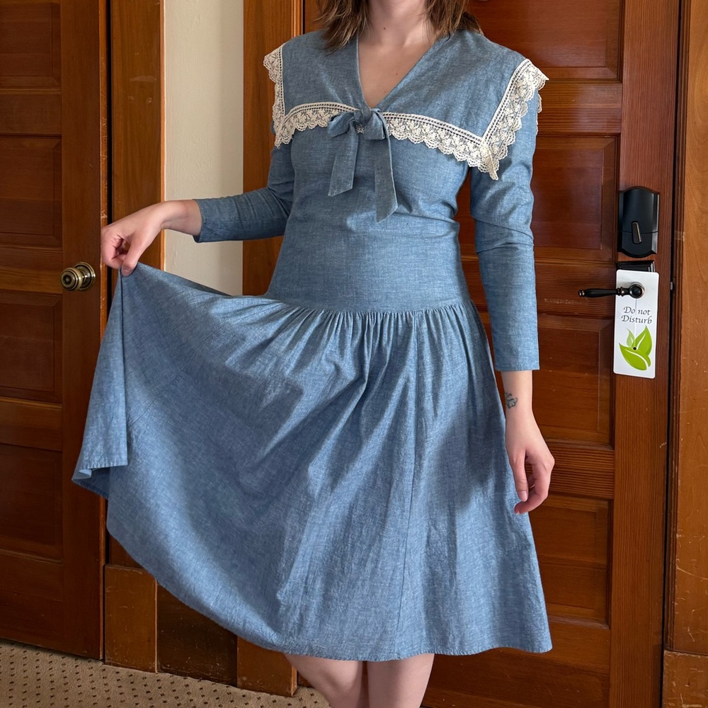 Vintage Late 70s or Early 80s Gunne Sax Sailor Drop Waist Dress